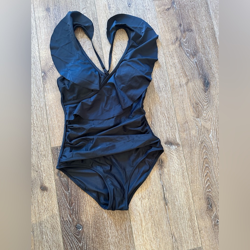Tournesol One Piece Swimsuit V Neck Bathing Suit Ruched Ruffled Monokini size S
